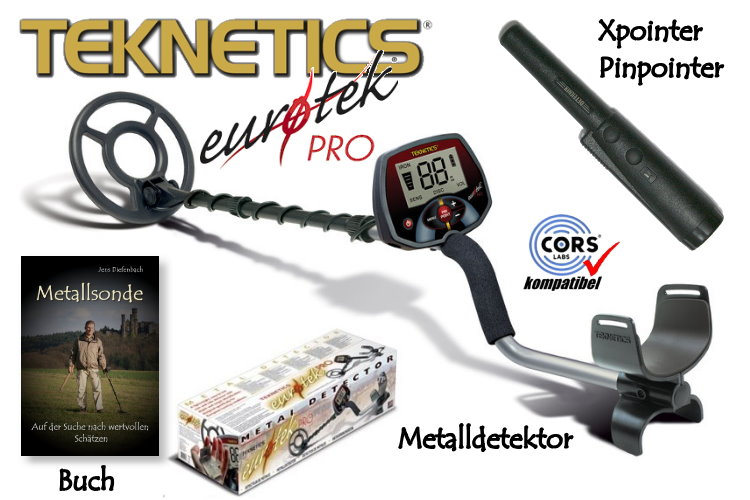 Teknetics Eurotek PRO (LTE) Ausrüstungspaket III (Metalldetektor & Quest Xpointer (orange) & Schatzsucherhandbuch) (Rabattpreis)