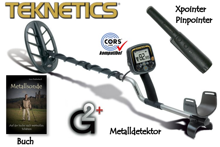 Metalldetektor Teknetics G2 plus Ausrüstungspaket I (Metalldetektor & Quest Xpointer & Schatzsucherhandbuch) (Rabattpreis)
